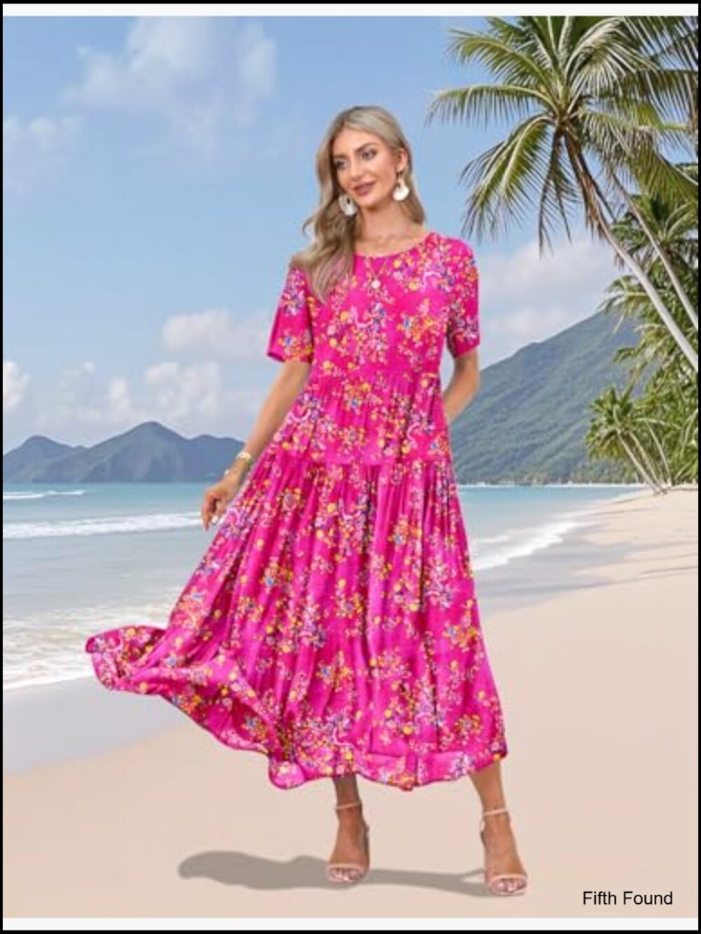 Women's Bohemian Floral Maxi Dress with Pockets Swing Beach Dress - Picture 2 of 7